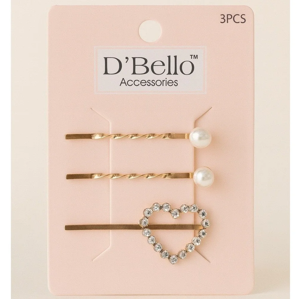 D'Bello Women Hair Accessories Gold Bobby Pin Pearl Heart Rhinestone 3 Piece Set